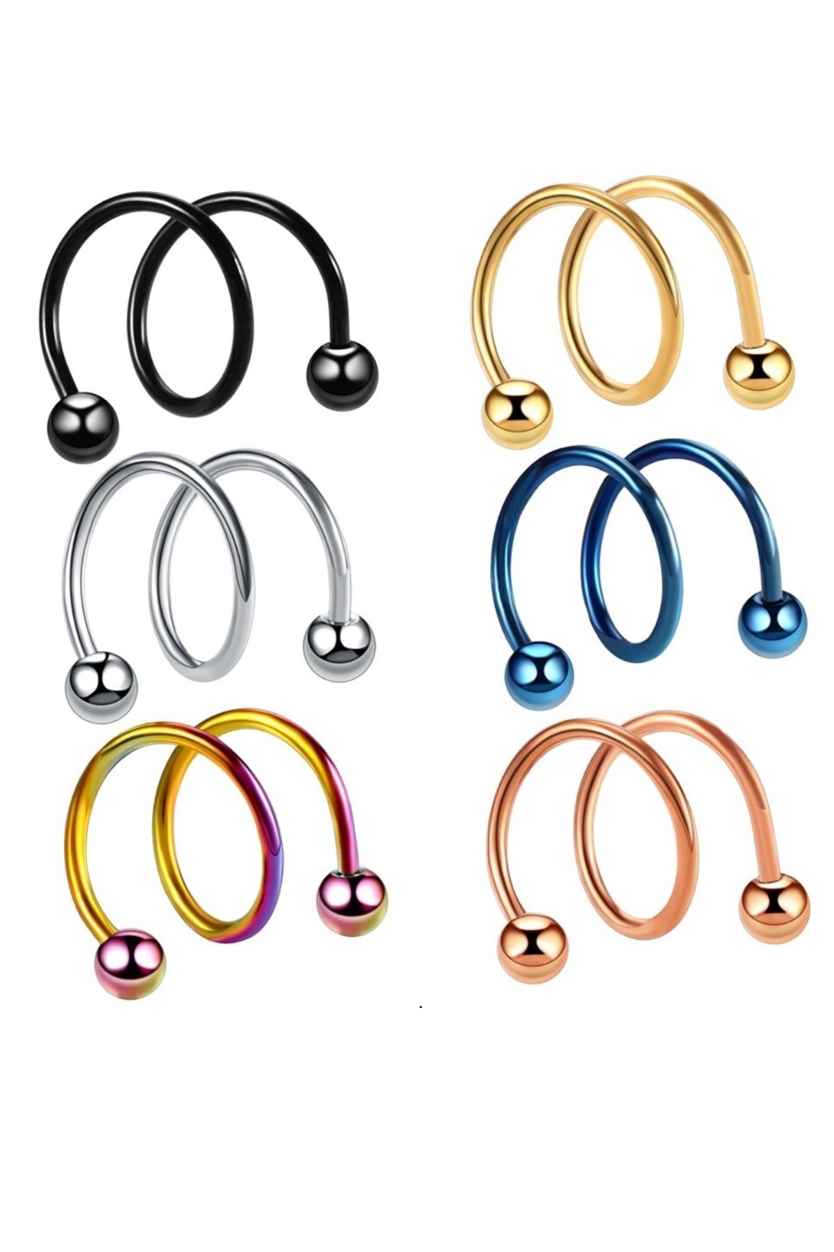 VipBT 6 Renkli  Spiral Orbital Helix Tragus Lobe 316L Cerrahi Çelik Kıkırdak Küpe Piercing Set