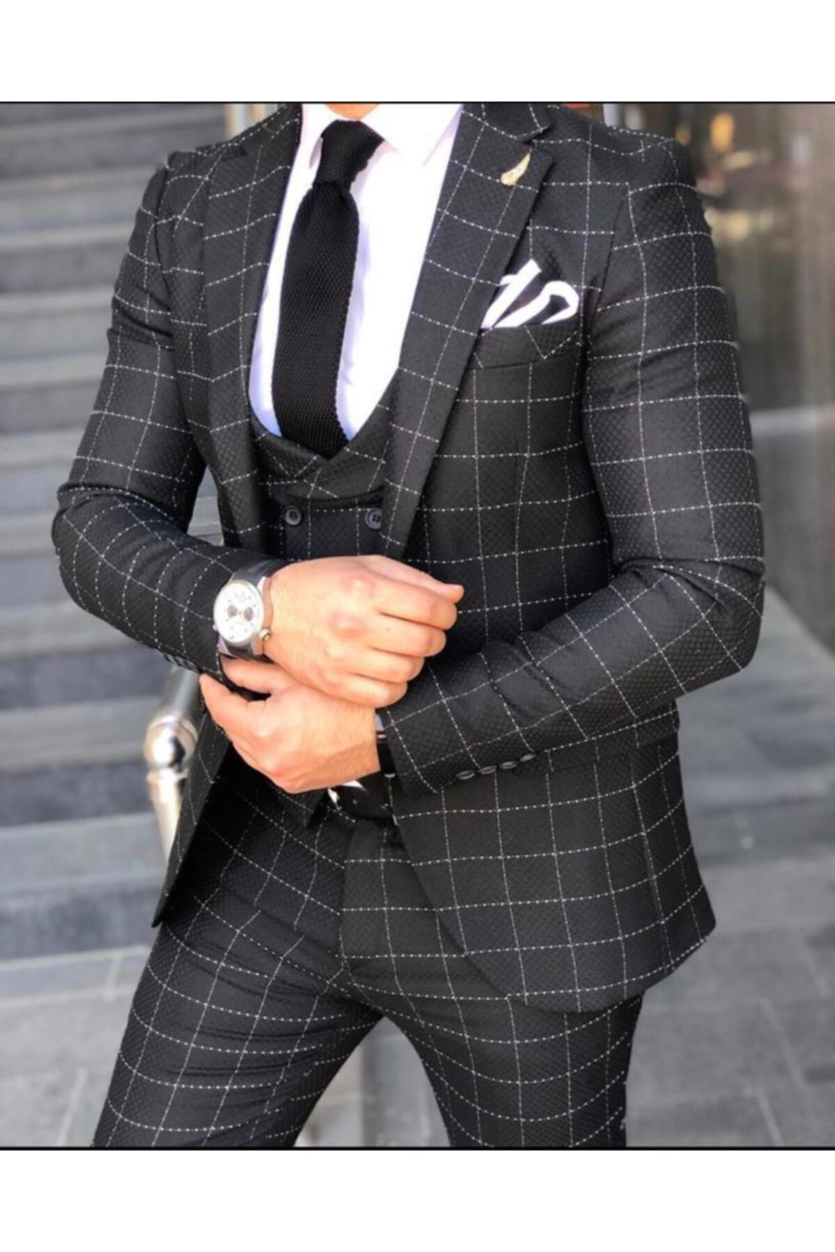 Fc Plus Erkek Siya Slim Fit Kareli Takım Elbise