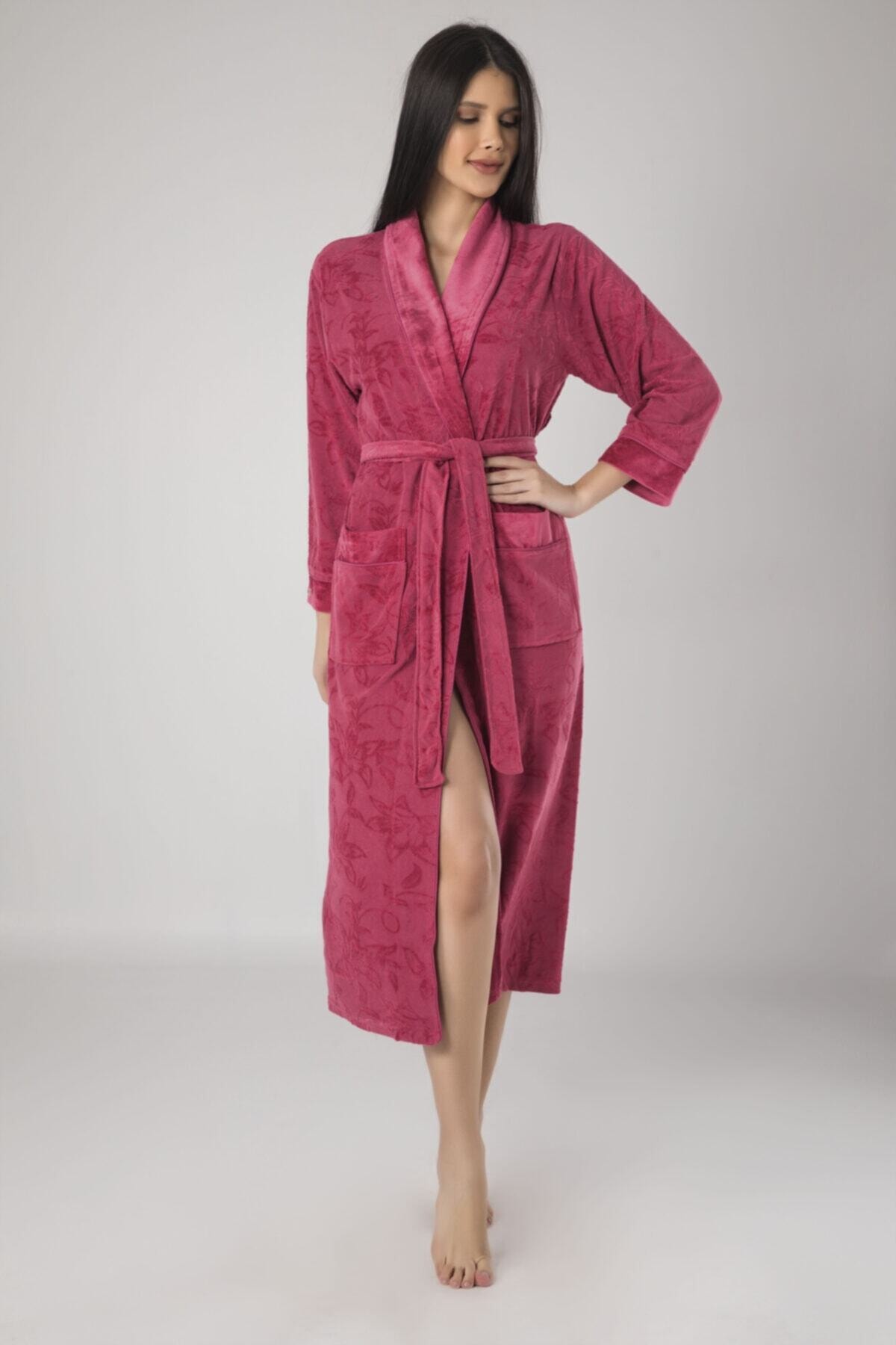 Nuşa Kadın Gül Kurusu Jakarlı Bambu Sabahlık Bornoz