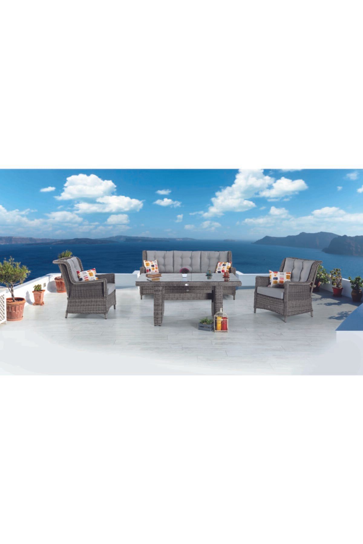Vieno Home Garden Daisy Bahçe Balkon Örgü Rattan 3'lü Oturma Grubu