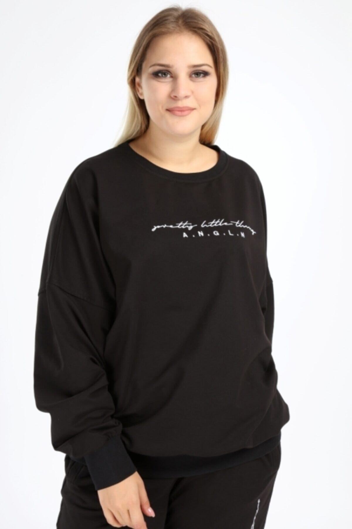 ANGELINO Kadın Siyah Büyük Beden Sweatshirt 2525u