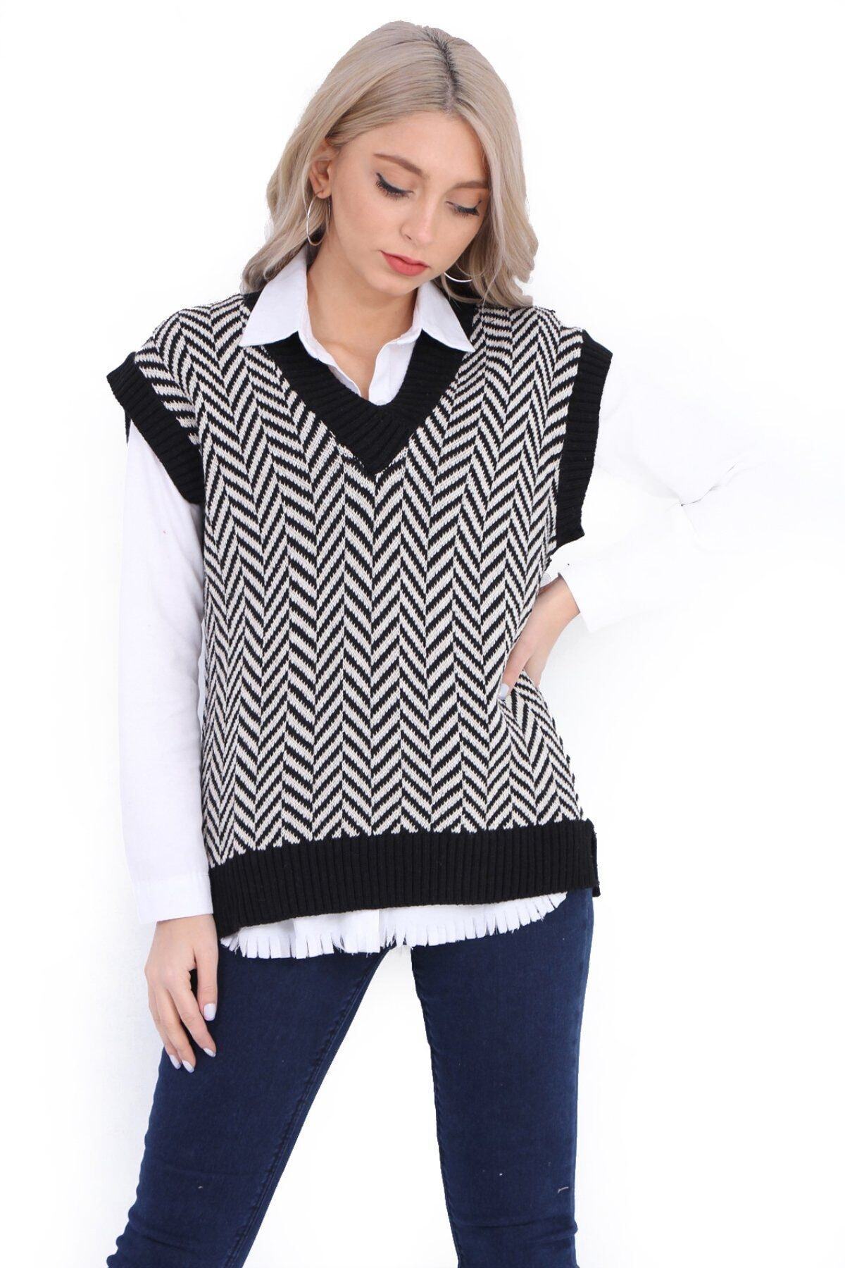 ASHA BUTİK Kadın Siyah Çizgi Desenli Triko Süveter