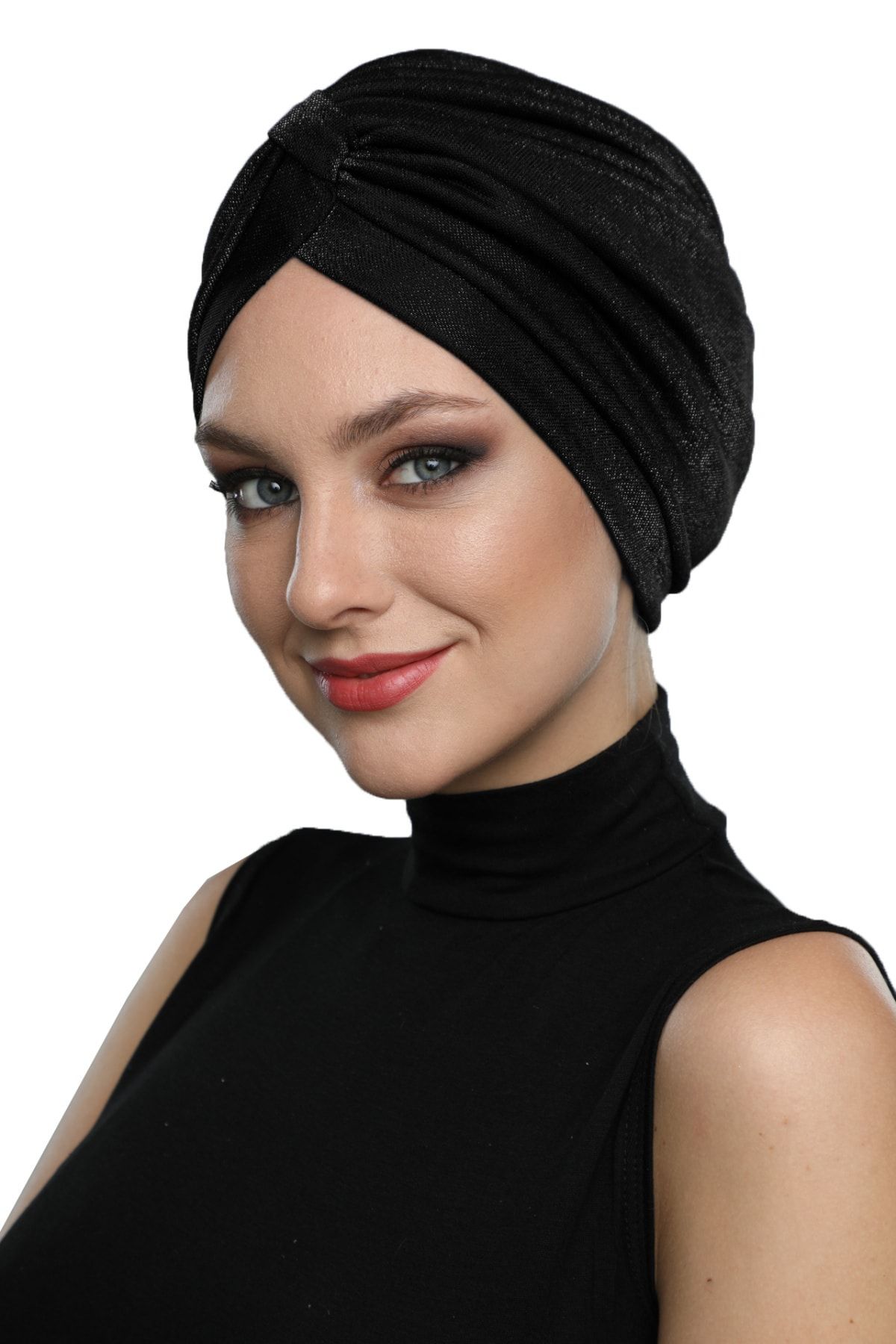 fidan bone Simli Pike Çapraz Bantlı Astarlı Siyah Hazır Türban Tesettür Bone