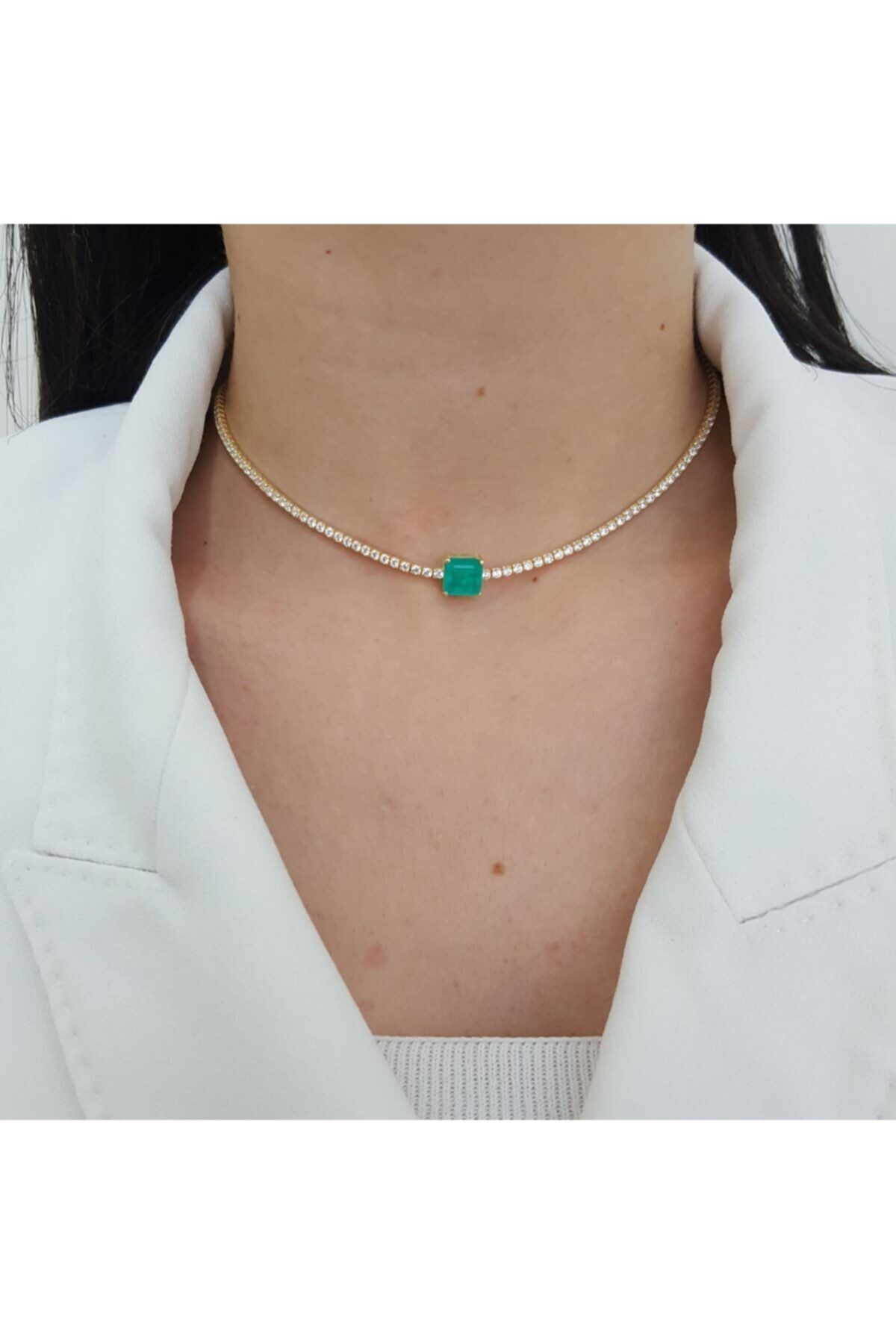 Medcezir Silver Kare Taşlı Su Yolu Gümüş Choker