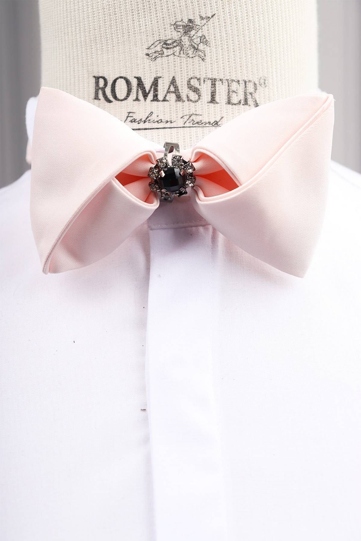 ROMASTER Açık Pembe Renk Taşlı Erkek Papyon