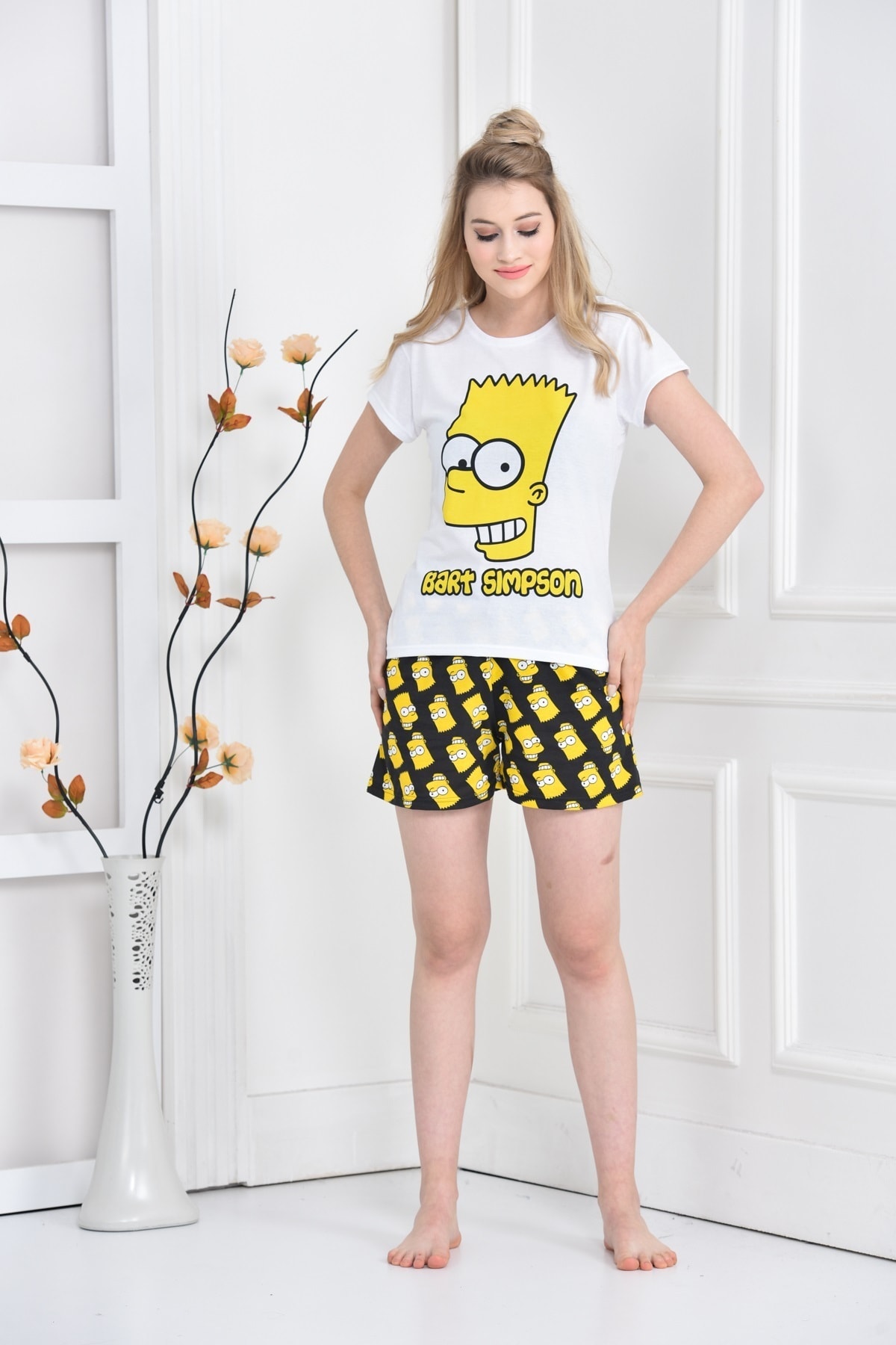 BAK’S STORE Kadın Sarı Siyah Baskılı Tşort Şort Takımı
