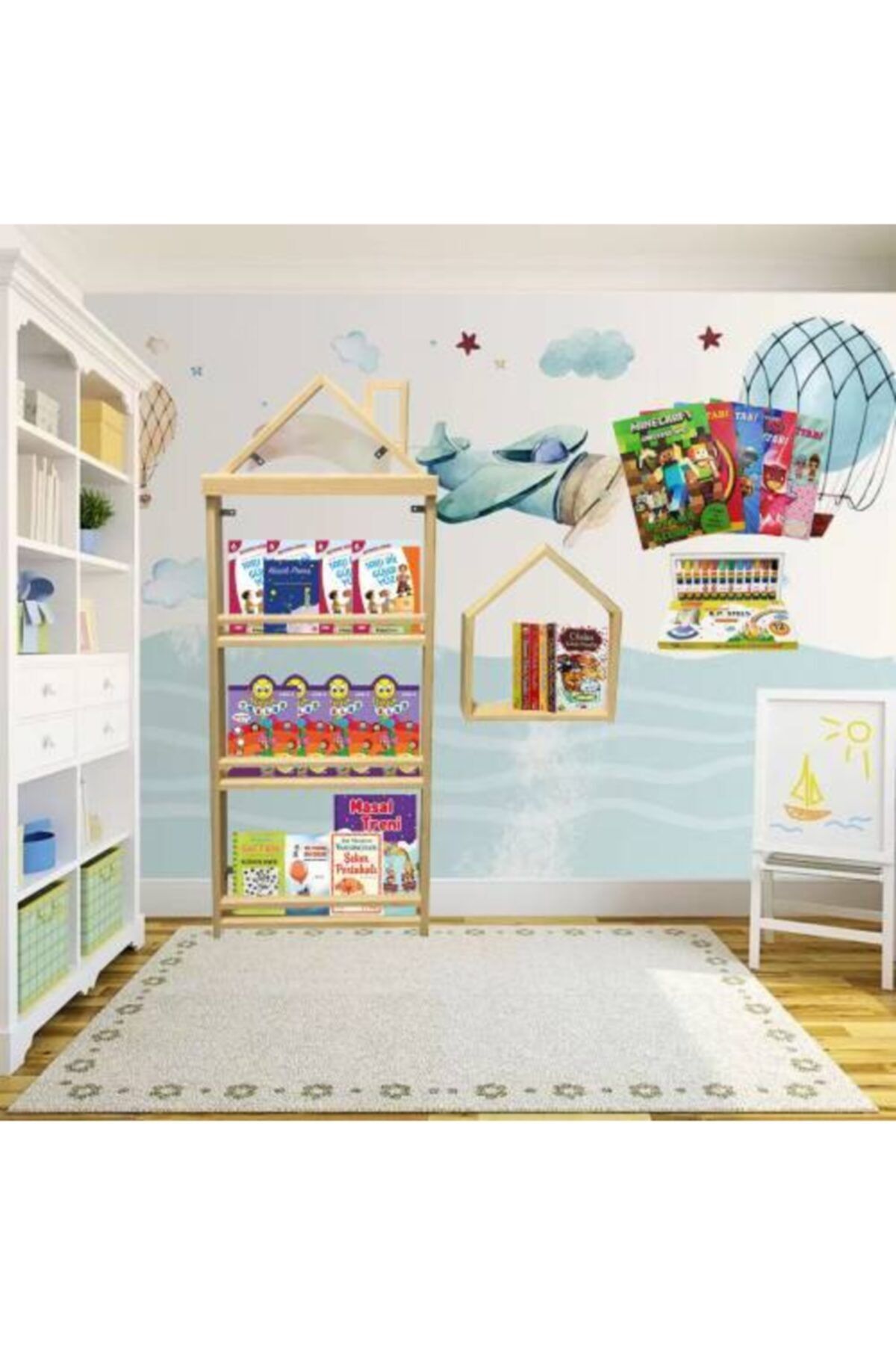 Mashotrend Ahşap Monteseri Çocuk Odası Kitaplığı Boyama Kitabı ve Boyalar