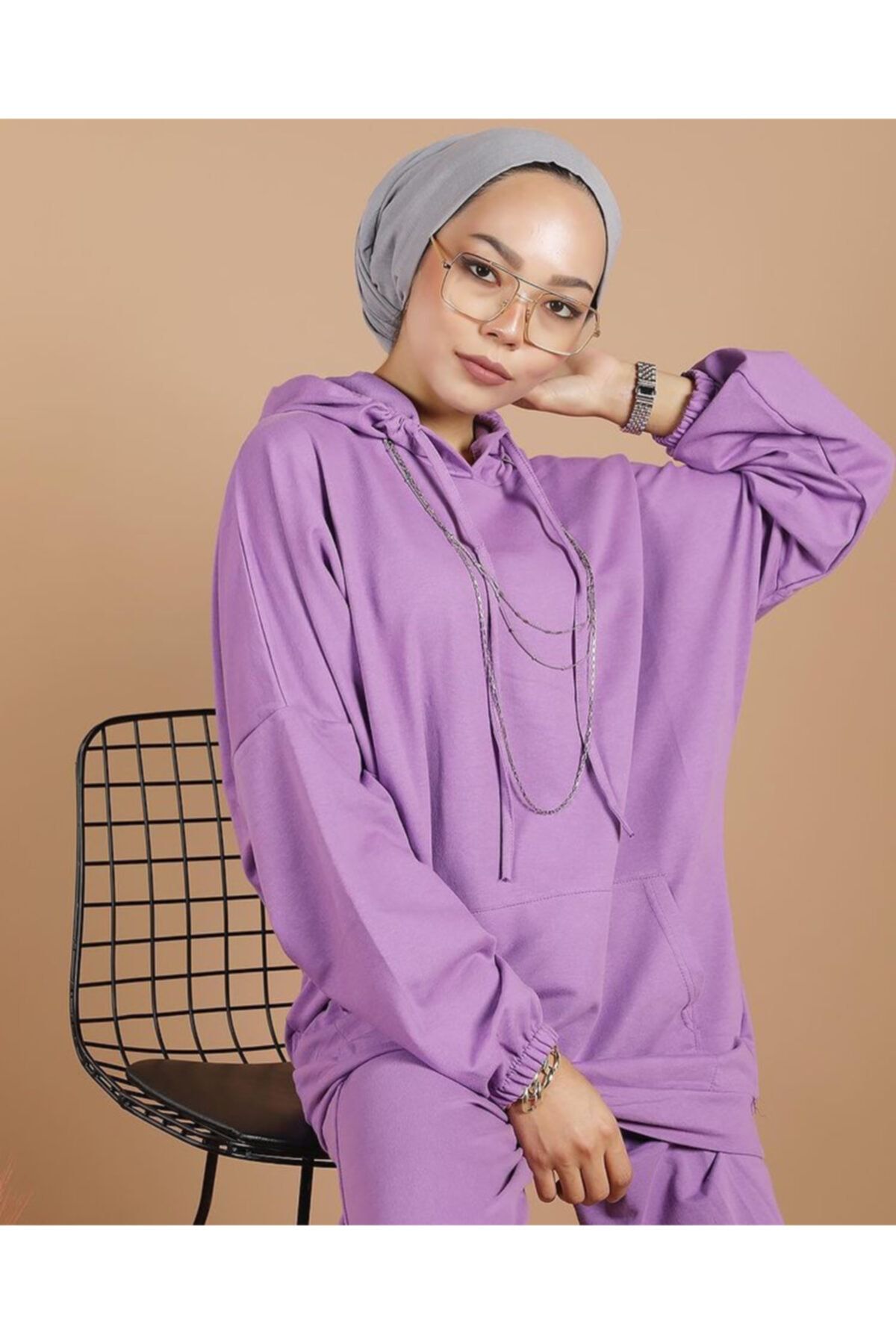 favoristore Kadın Mor Kanguru Cepli Sweatshirt