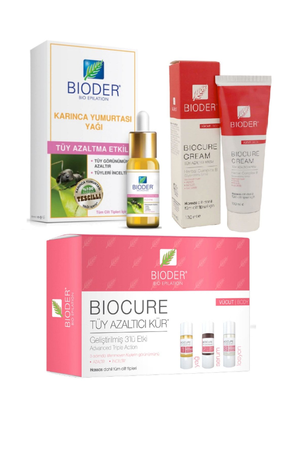 Bioder Tüy Azaltıcı Karınca Yumurtası Yağı 30 Ml+vücut Serum 3x10ml+vücut Krem 130ml