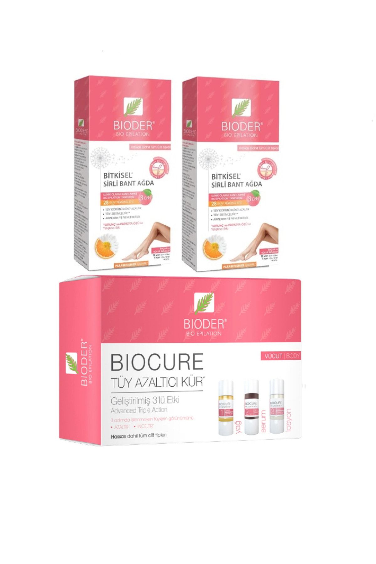 Bioder 3'lü Etki- Tüy Azaltıcı Kür Vücut Için 3x10 Ml+tüy Azaltıcı Ağda Bandı 12x2 Adet