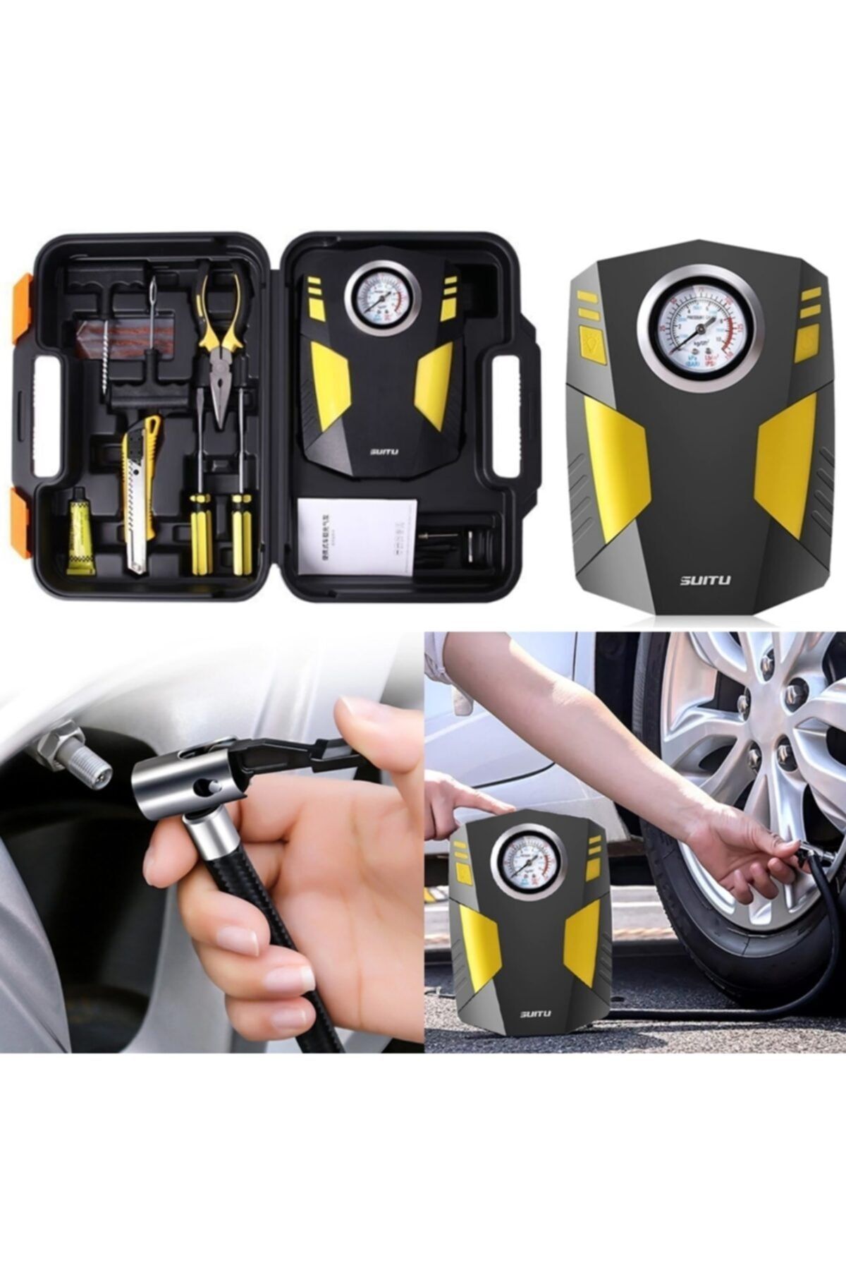 TeknoExpress Ultra Güçlü 12v+ Araba Oto Araç Lastik Şişirme Pompası Hava Kompresörü Ve Tamir Seti