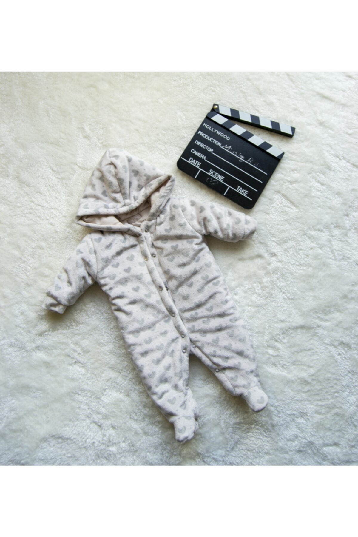 Miniqkids Kız Bebek  Ekru  Gri Kalpli Tulum