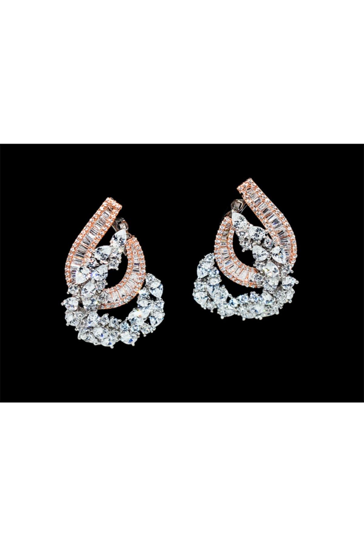 By Esma Jewelry Kadın Rose Ve Silver Baget Taşlı Fantazi Küpe