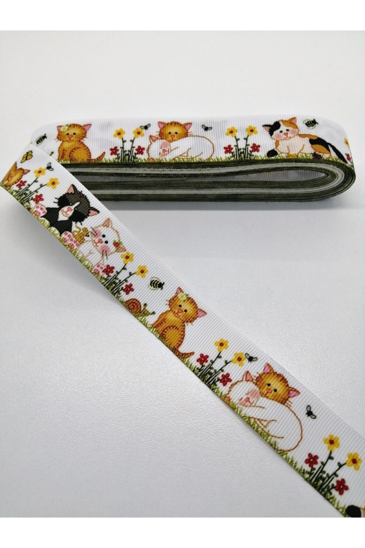 Hobigram Beyaz Kedi Desenli Grogren Kurdele 2,5 Cm 3 Metre