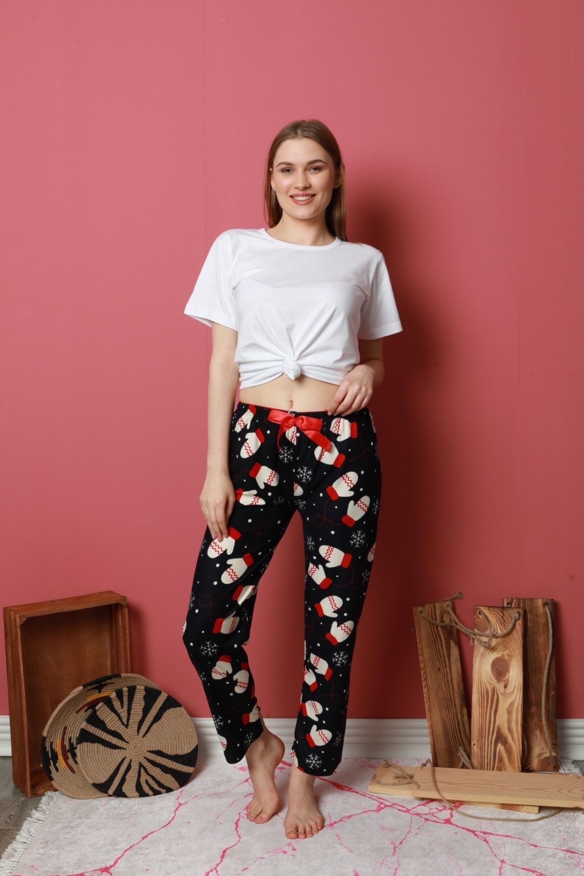 pijamacity Kadın Lacivert Desenli Ince Kadife Pijama Altı