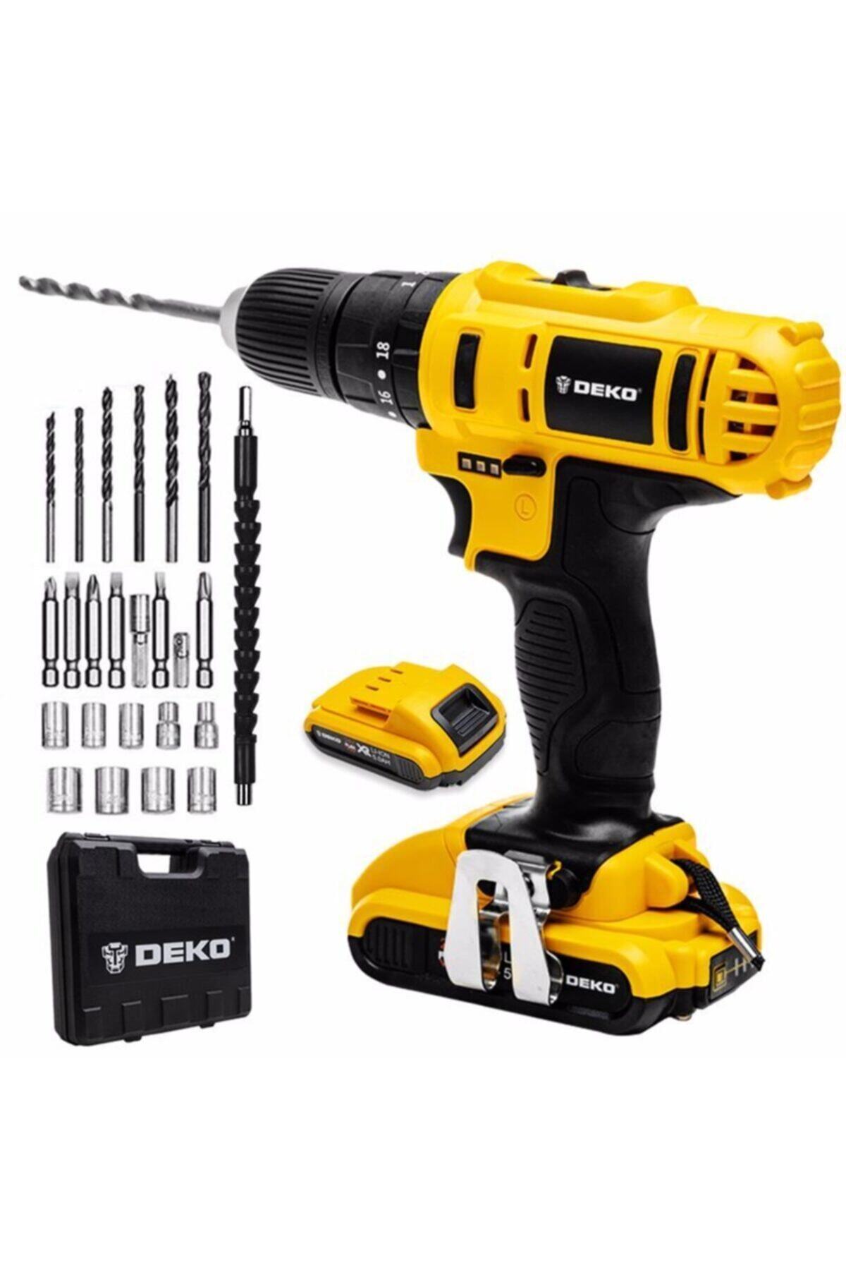 DEKO 24 Volt 5 Ah Çift Vites Darbeli Çift Akülü Şarjlı Vidalama Matkap + 27 Parça Set