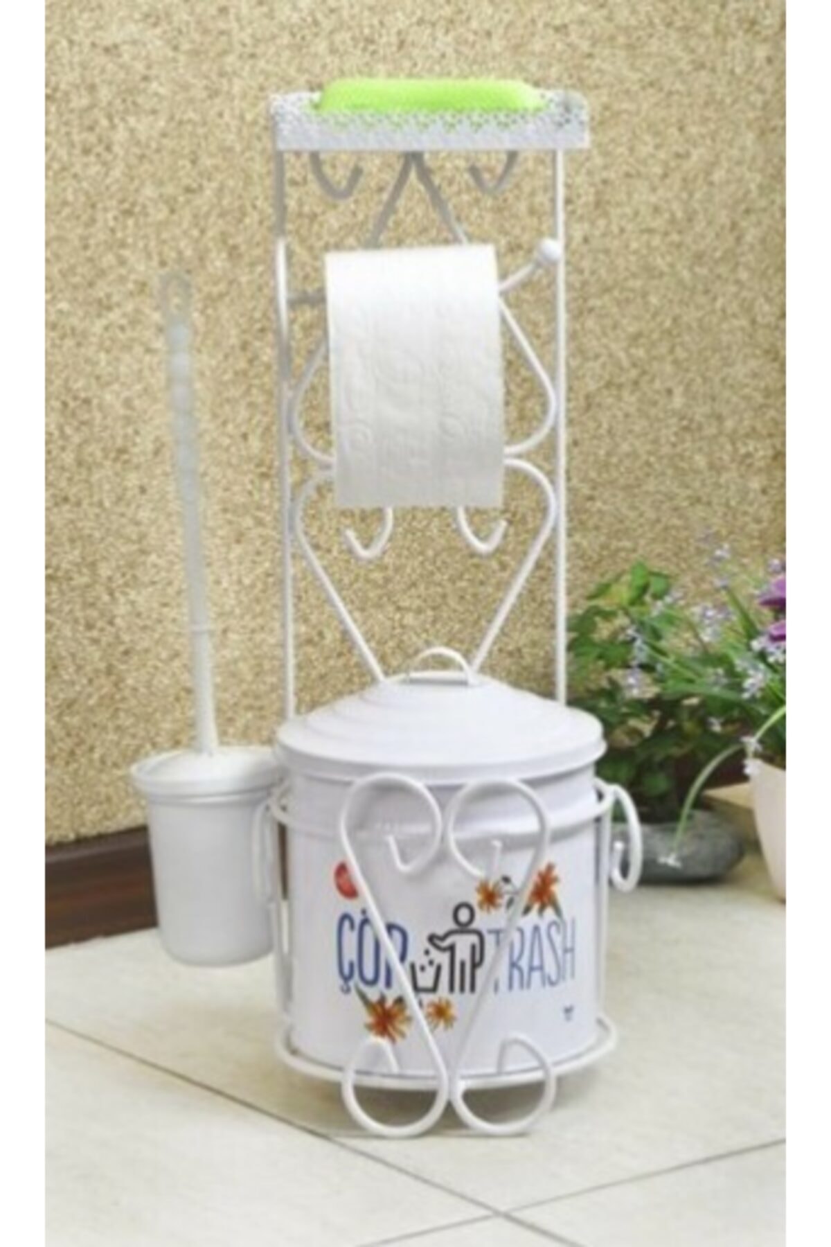 FBZhome Tuvalet Kağıtlığı Fırçası Çöp Kovası Ve Sabunluk Rafı Metal Ferforje Set