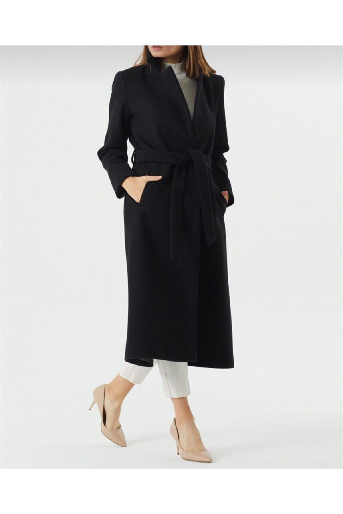 ACLASSICS Kadın Siyah Yakalı Kuşak Kapama Yün Kaşe Manto Kaban
