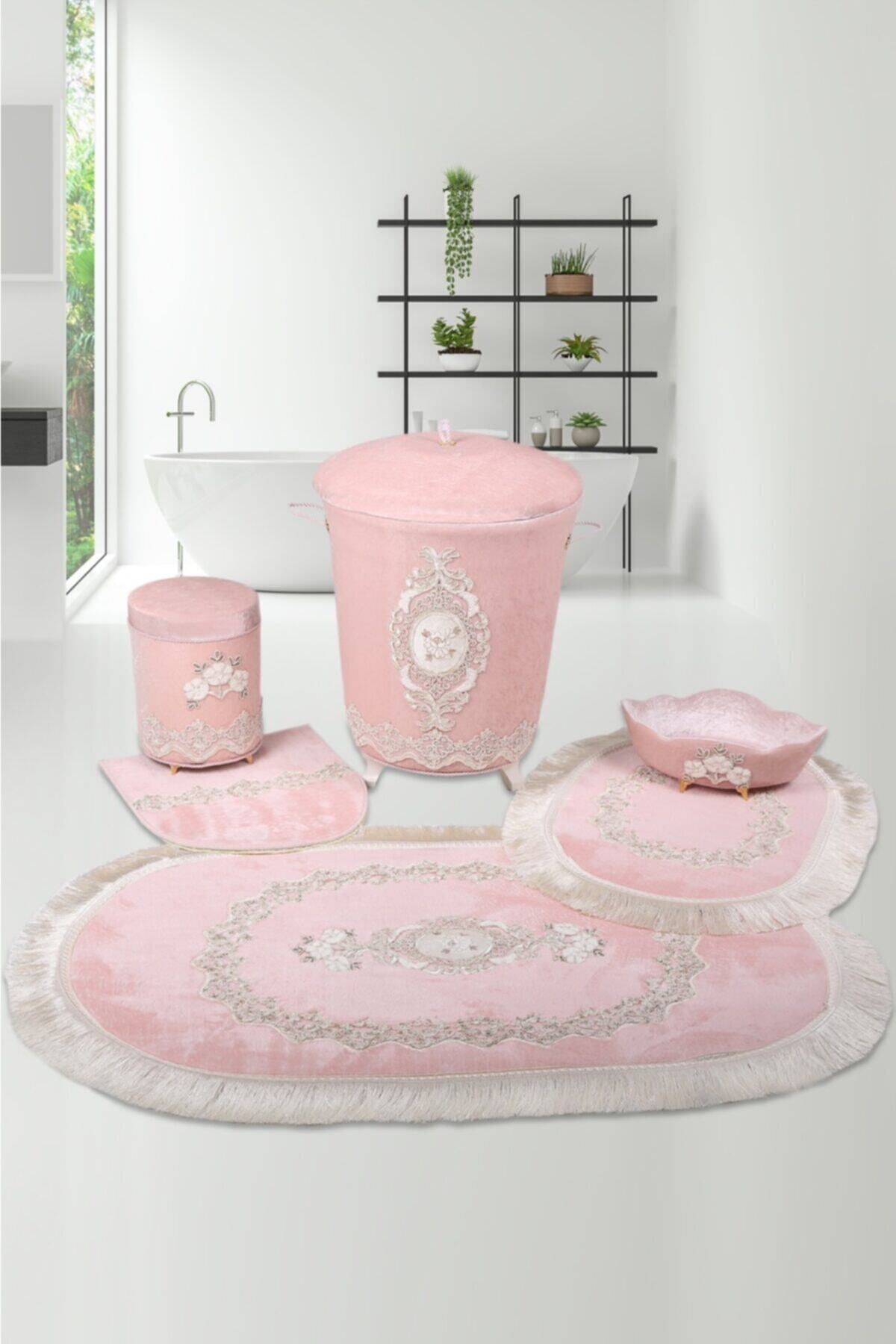 Bonny Home Pudra Dantelli Banyo Kirli Çamaşır Sepeti ve Banyo Paspası Seti  6 Parça