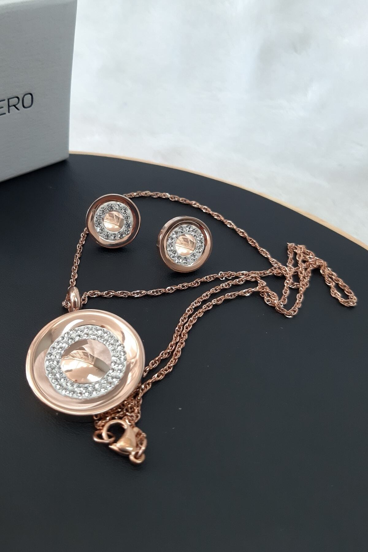 Palmiero Zirkon Taşlı Kolye Ucu Küpe Set