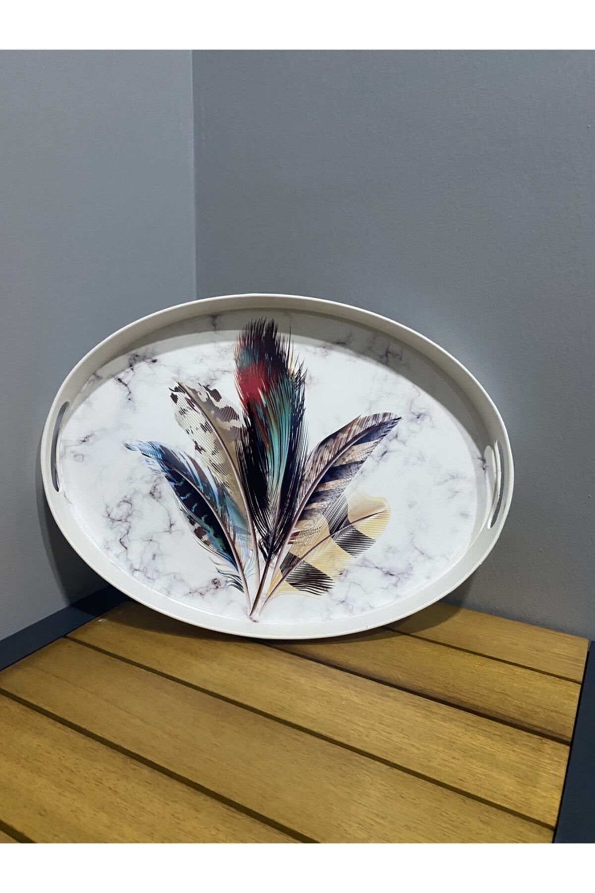 Çavdar Group Kuş Tüyü Desen 42*31 Cm Oval Tepsi Çay Kahve Servis Sunum Tepsi