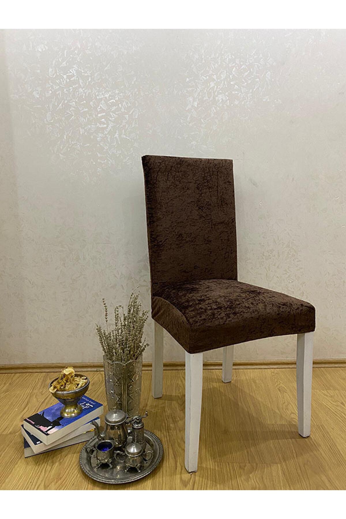 ERGÜL HOME Kahverengi Kadife Esnek Sandalye Örtüsü 6 lı