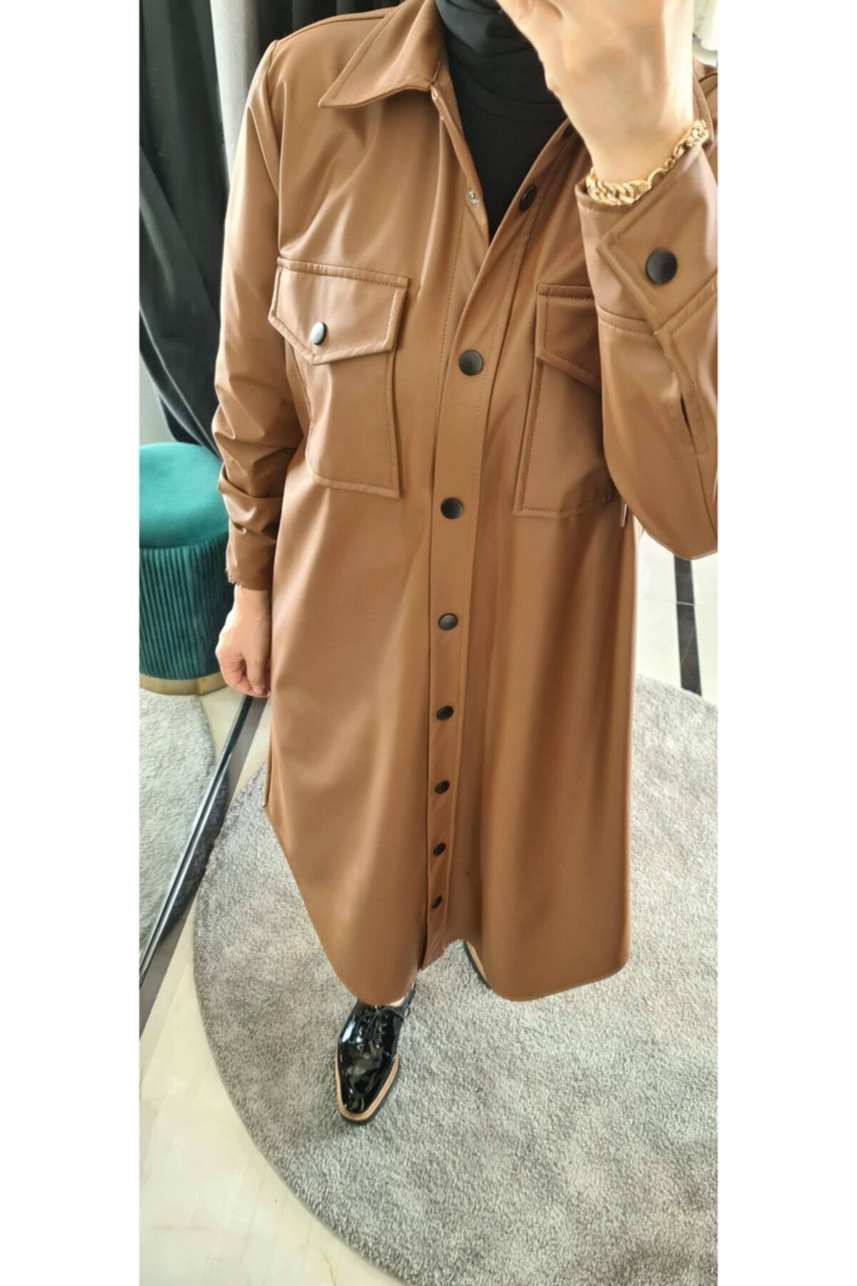Zare Butik Kadın Kahverengi Selvi Çetin Deri Tesettür Gömlek