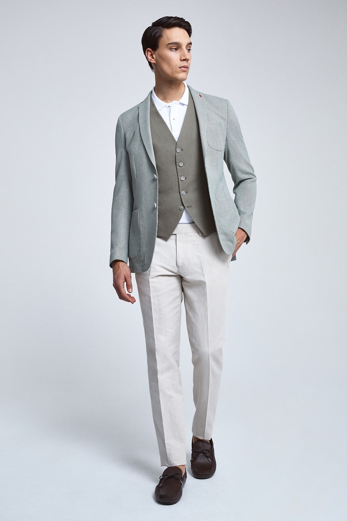 Twn Yeşil Renk Erkek  Yelekli Takım Elbise (Slim Fit)