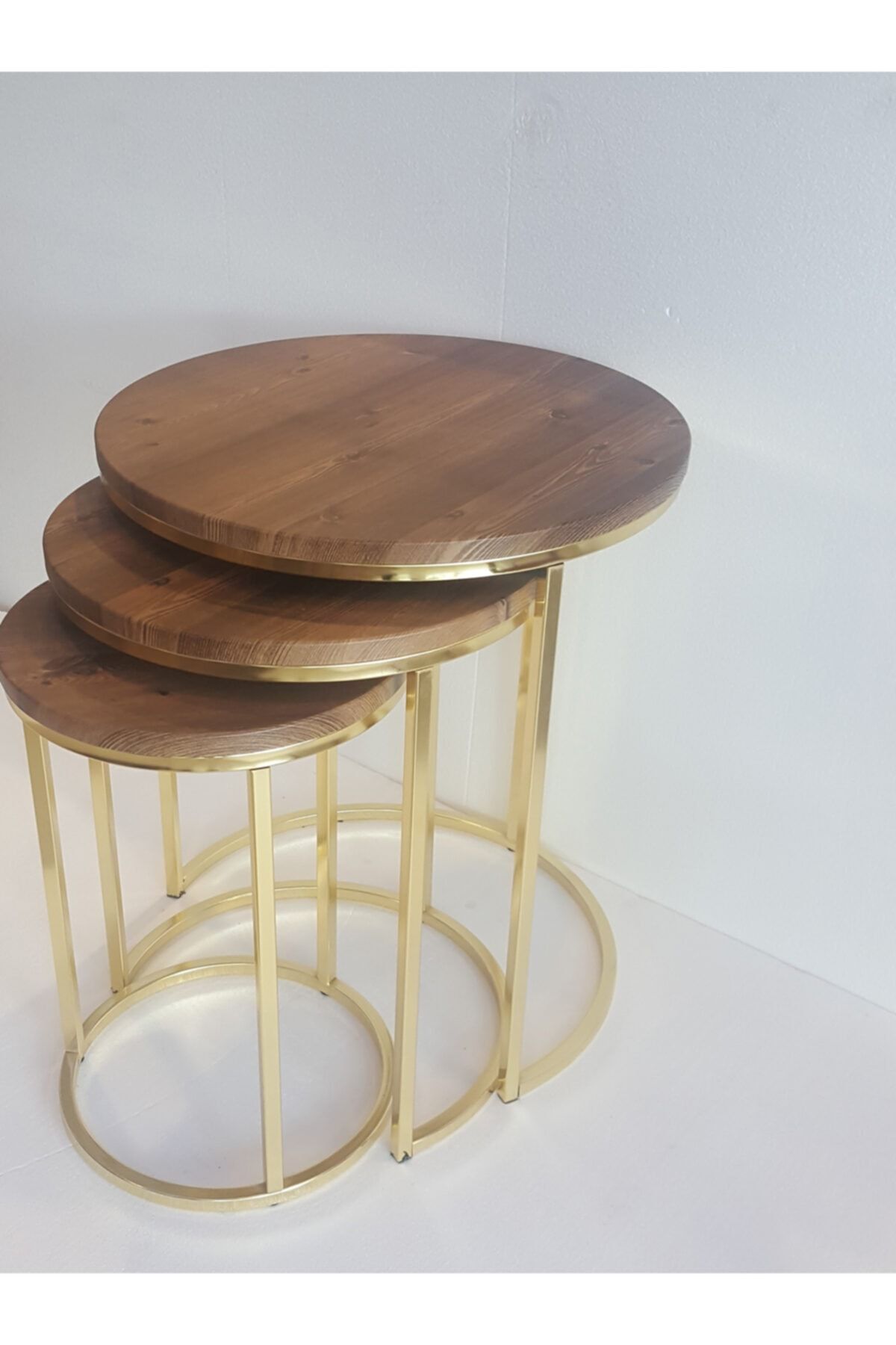 EVİNZA Metal Gold Ayaklı Üstü Mdf 3lü Zigon Sehpa