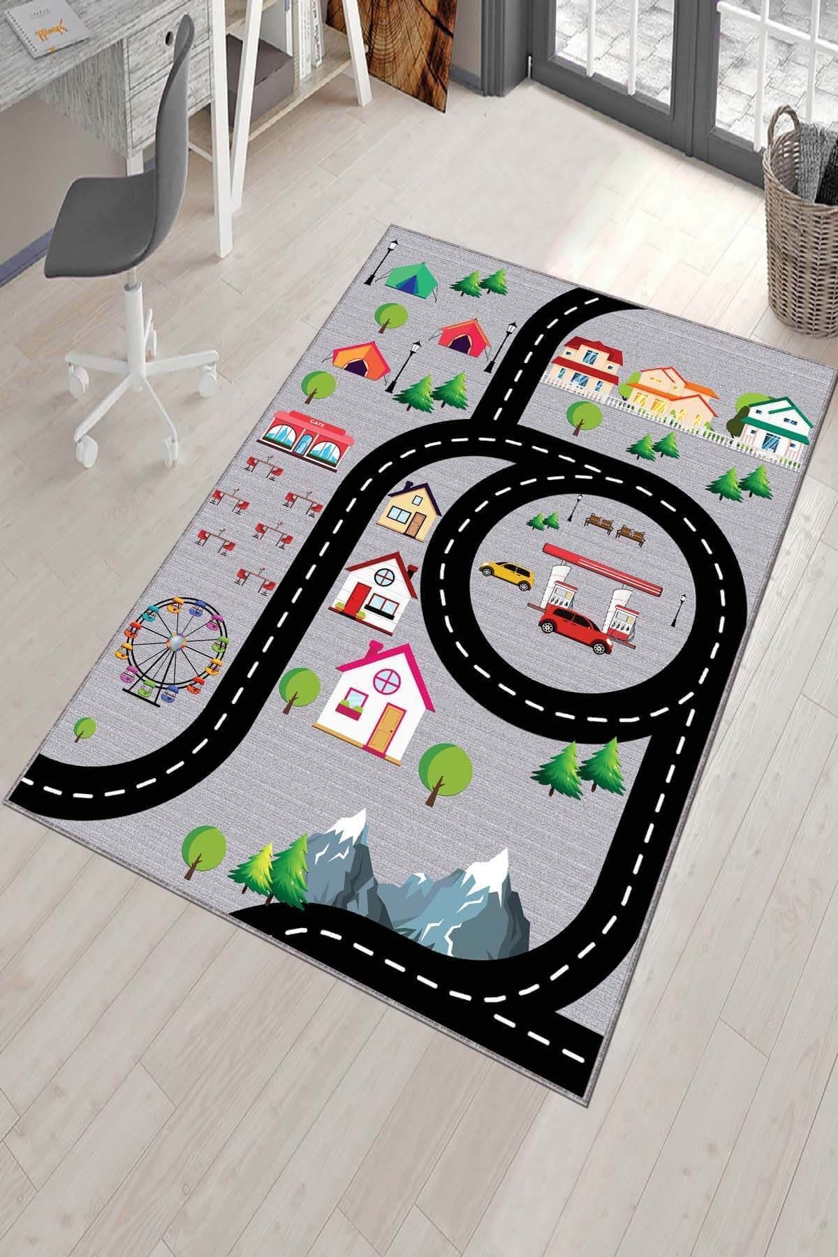 Viva Home Gri Yollar Temalı Makinede Yıkanabilir Kaymaz Tabanlı Çocuk Oyun Halısı