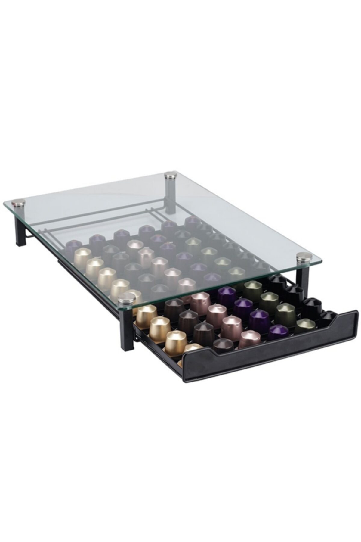 Nemtech Kapsül Kahve Standı Çekmeceli Cam 50 Kapsul Kapasiteli Nespresso Jacobs Uyumlu
