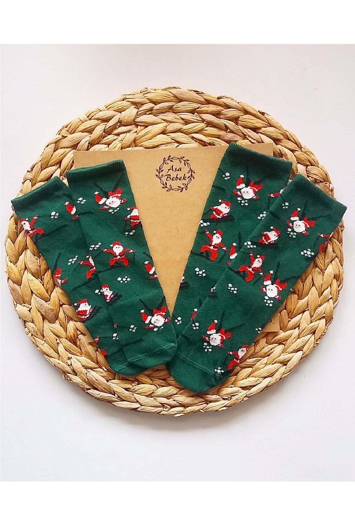 Asa Bebek Çocuk Yeşil Noel Baba Temalı Anne Kız Çorap Kombini