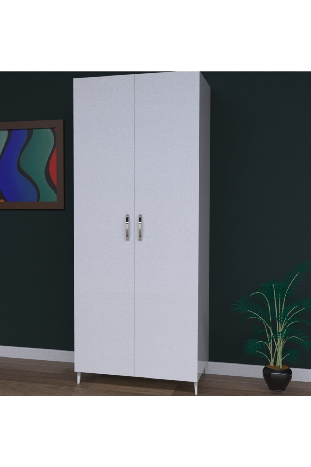 De&Se Desing De&se Gardırop Elbise Dolabı Çok Amaçlı Askılı 2 Kapaklı Parlak Beyaz Mdflam