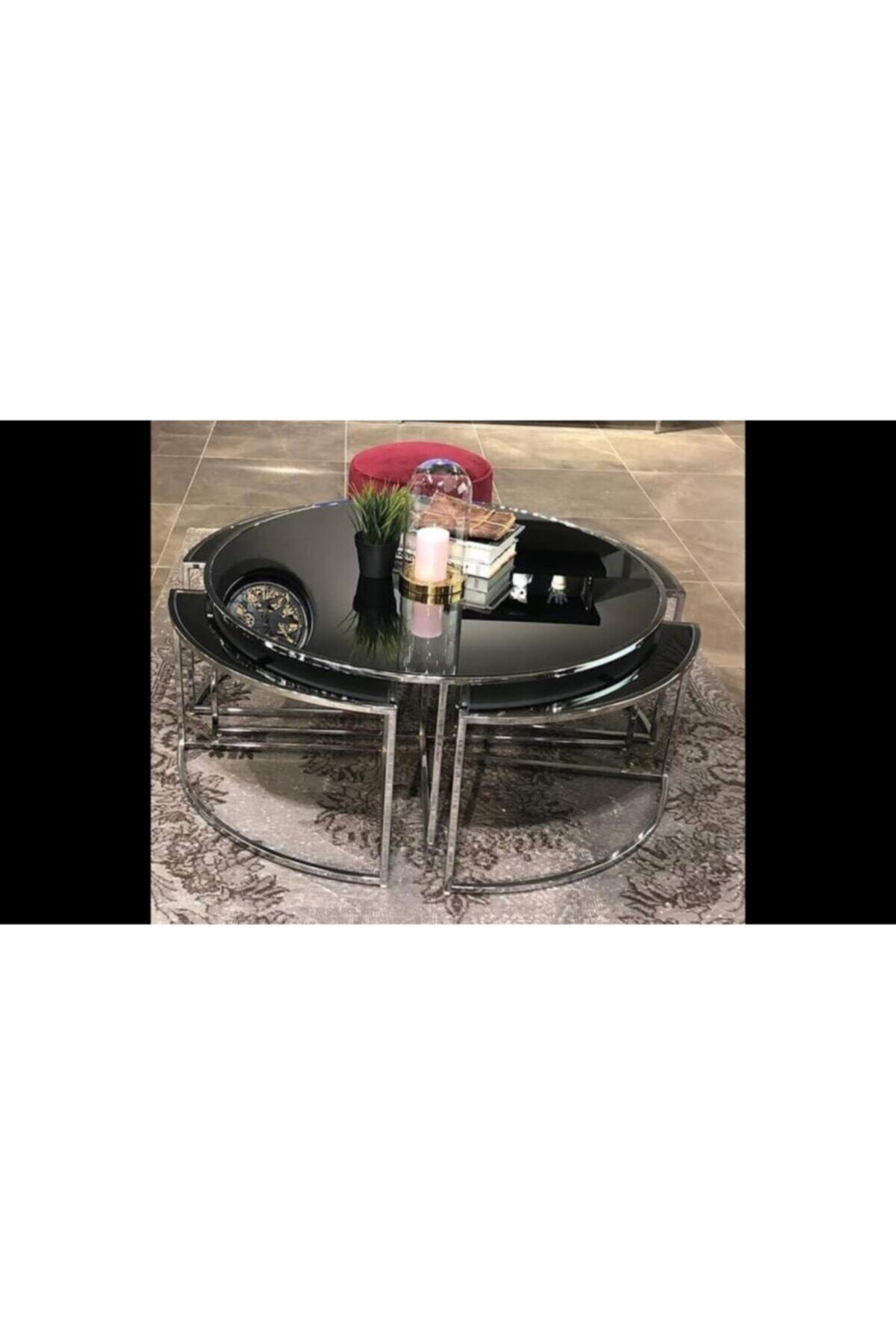 Gençtürk Luxury Krom Metal 5 Li Orta Sehpa Siyah Camlı 100x100 Ölçülerinde