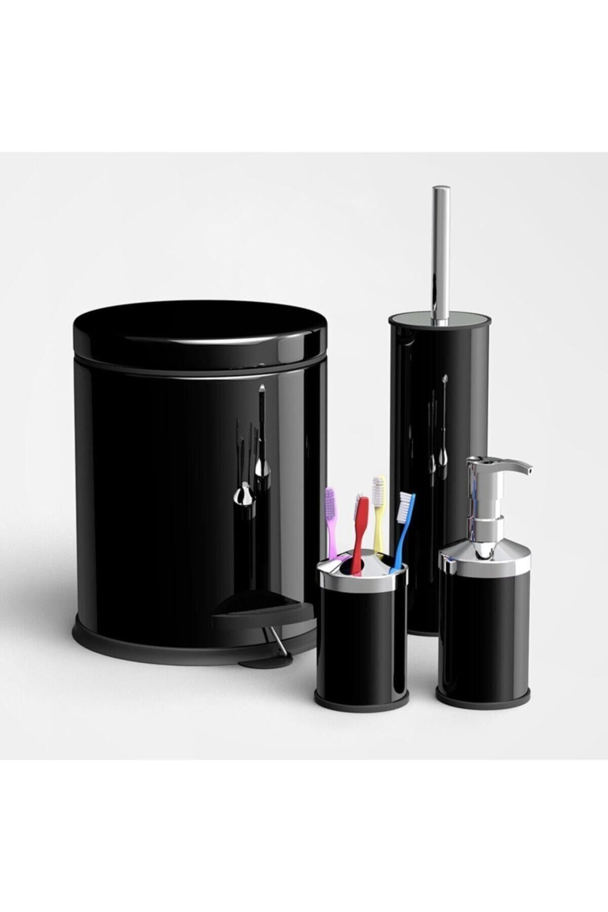 Fevito 3 Lt Siyah Çöp Kovası Wc Fırça Sıvı Sabunluk Diş Fırçalık Set 4 Lü Set 3 Lt