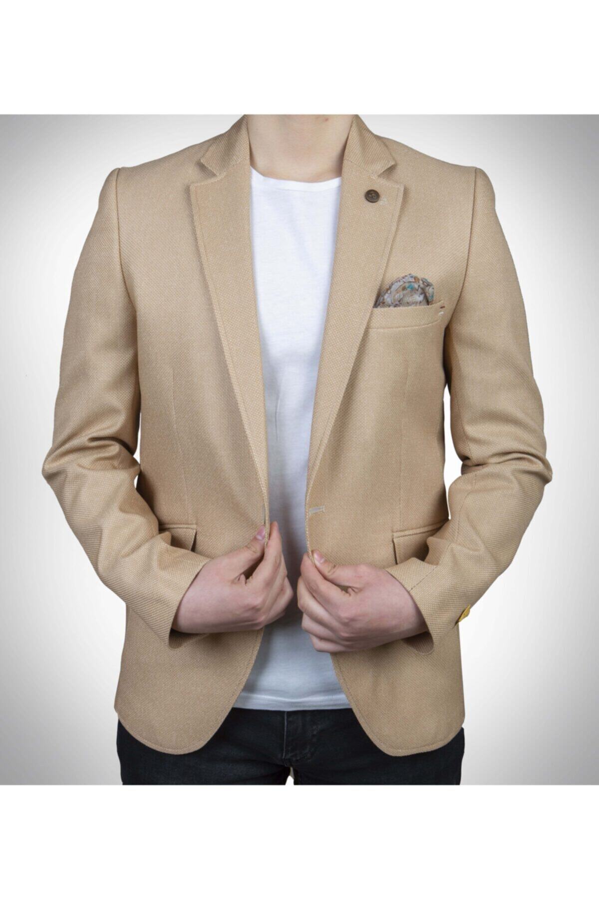 David Bowie Erkek Bej İtalyan Stil Slim Fit Tek Ceket