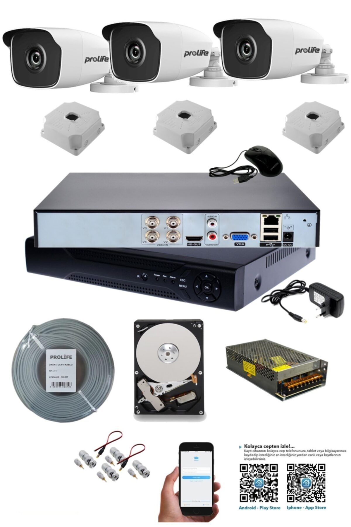PROLİFE 3 Kameralı 5 Mp 1080p Full Hd Gece Görüşlü Ahd Kamera Seti-ultra Üstün Kalite Uzun Kullanım Ömrü
