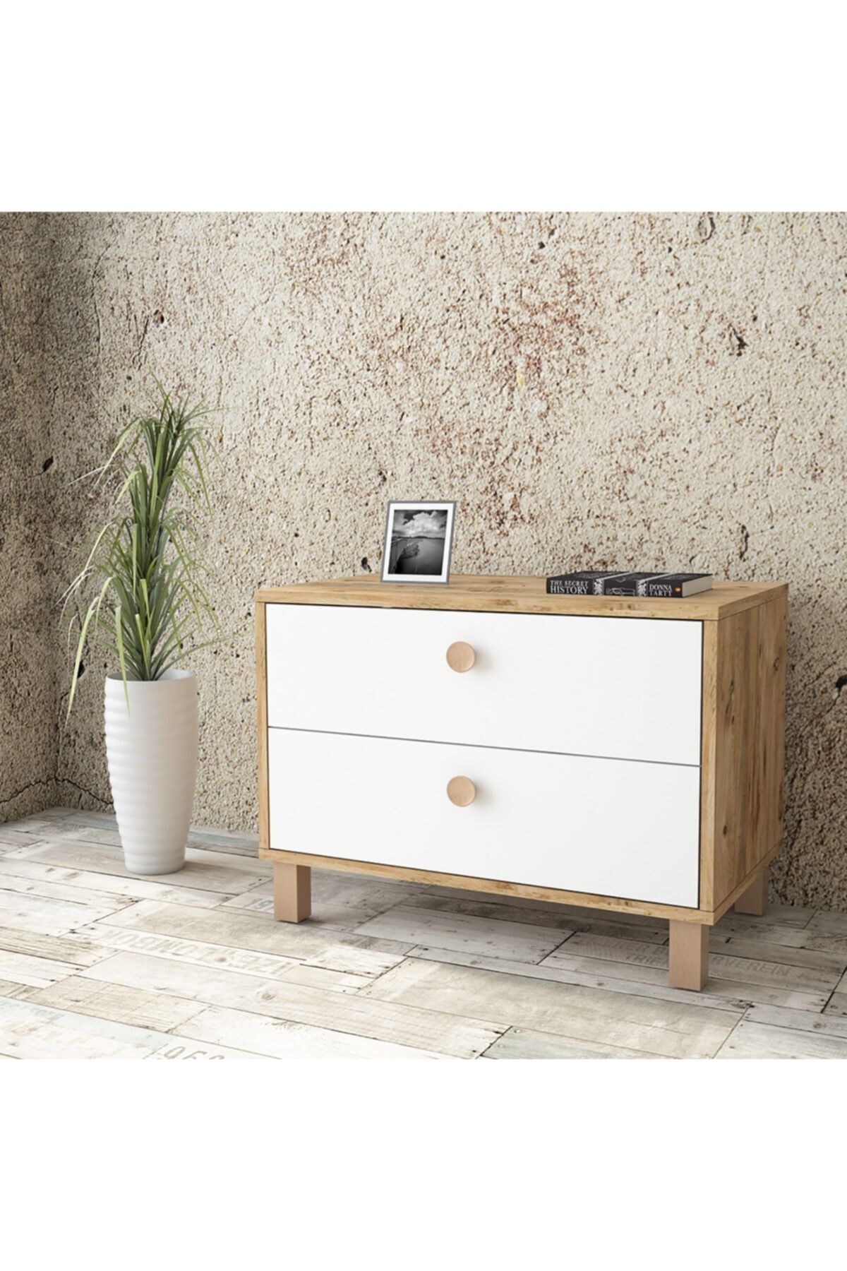 Yurudesign Vilamo Şifonyer Ahşap Ayak, 2Çekmece, Çam-Beyaz-Kayın Vl76-217
