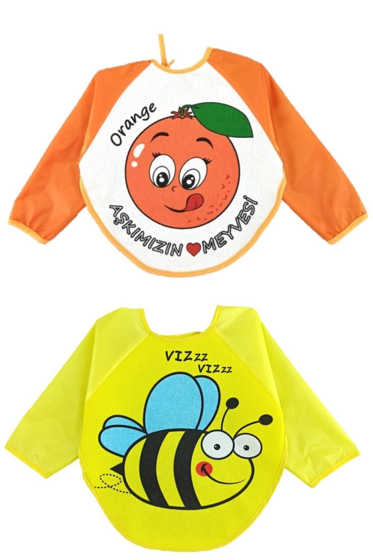 Aydınlar Portakal Aşkımızın - Arı Desenli Kollu Su Geçirmez Bebek Mama Önlüğü 2 Adet