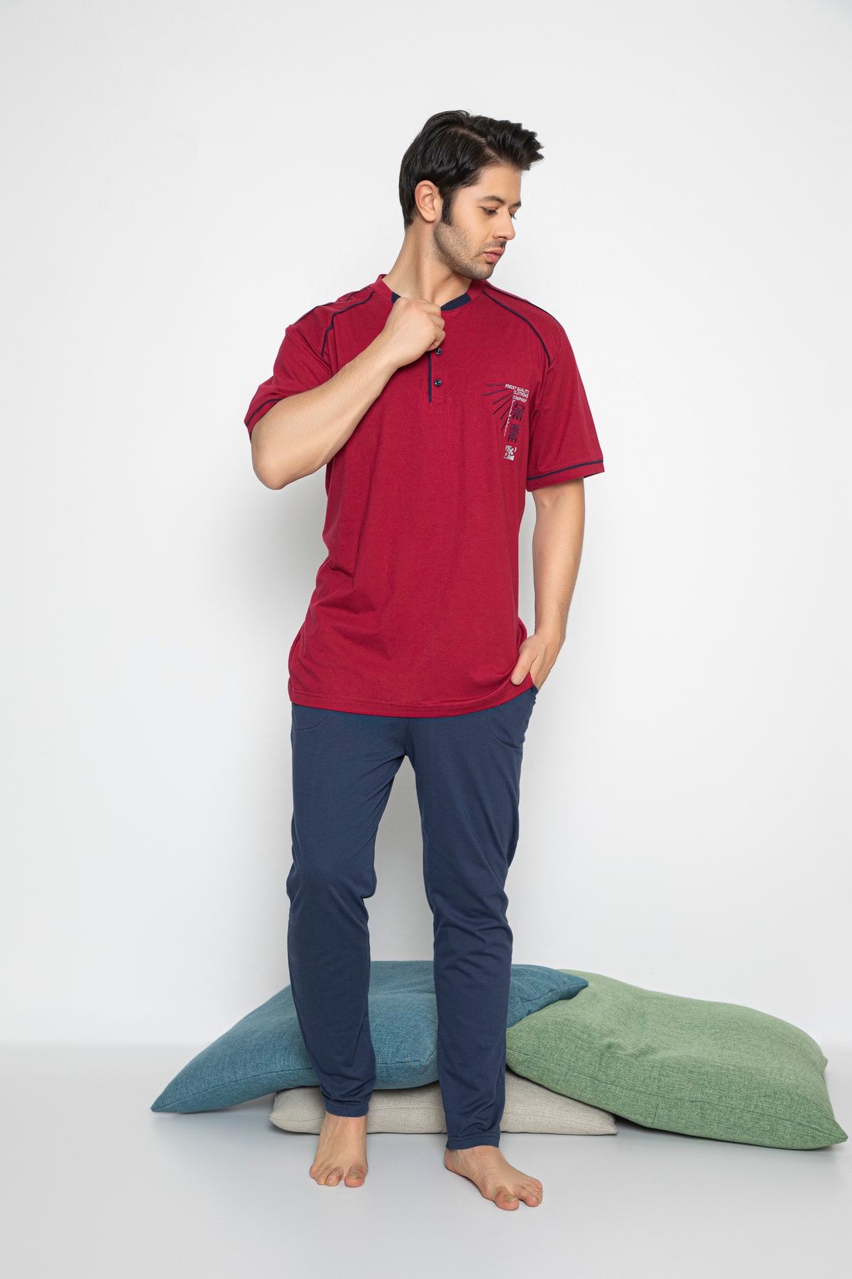 BİRŞEN Erkek Bordo Kısa Kollu Büyük Beden Penye Pijama Takımı