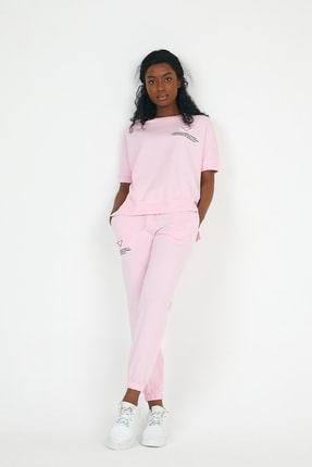 Raw Denim Rawdenim Baskılı Pembe Renk Standart Kalıp Bayan Eşofman Takımı
