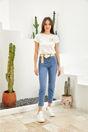 RAW Orginal Denim Sarı Logolu Kemer Pa&ccedil;a Detaylı Kadın Jeans