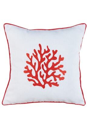 Nakışlı Yıldız Kılıfı Biyeli Mercan ( Ekru Zemin / Kırmızı Nakış / 45x45 Cm ) Image 0