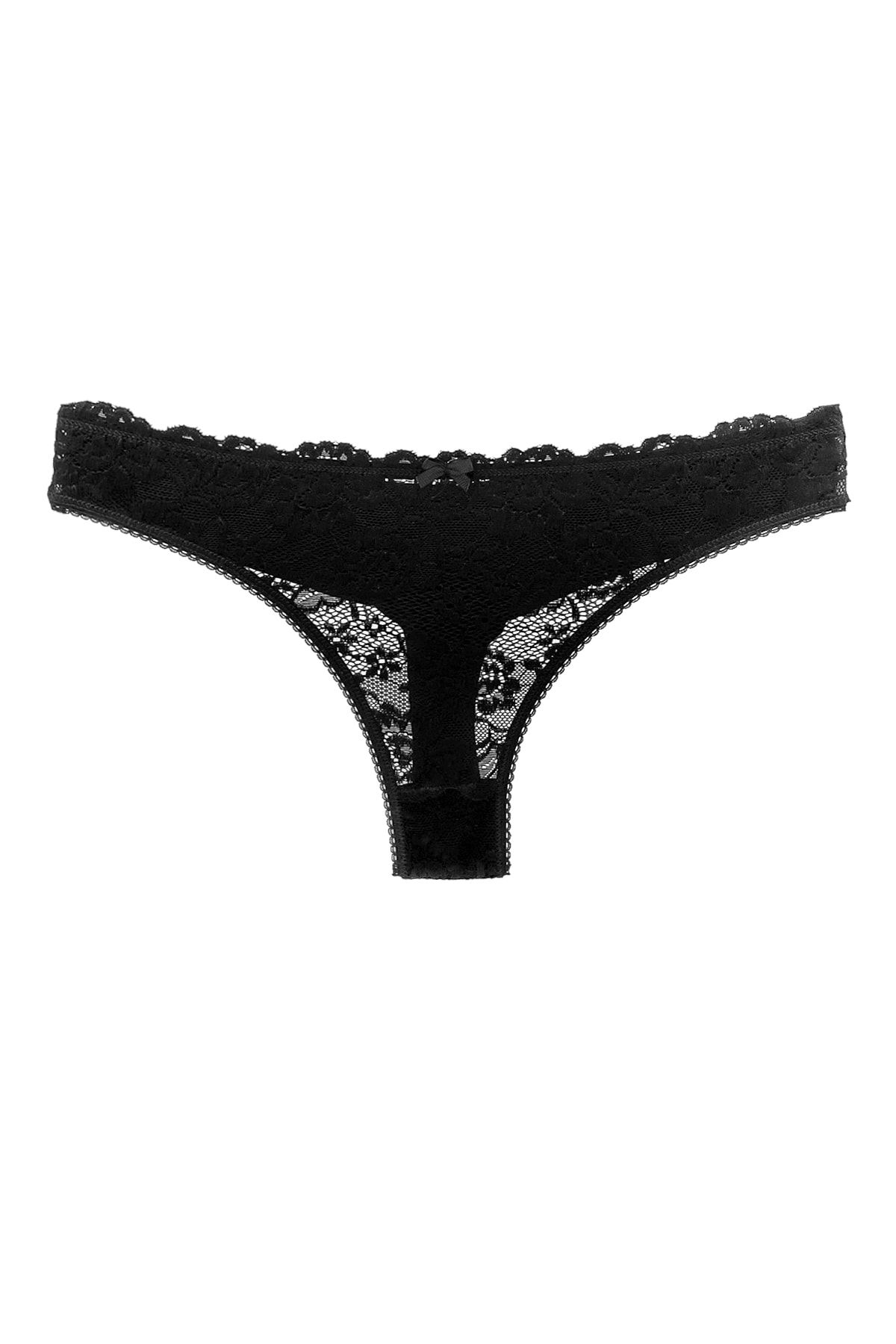 HNX Black Lace Front and Back Double Layer Cotton Thong Women's Panties -  Trendyol