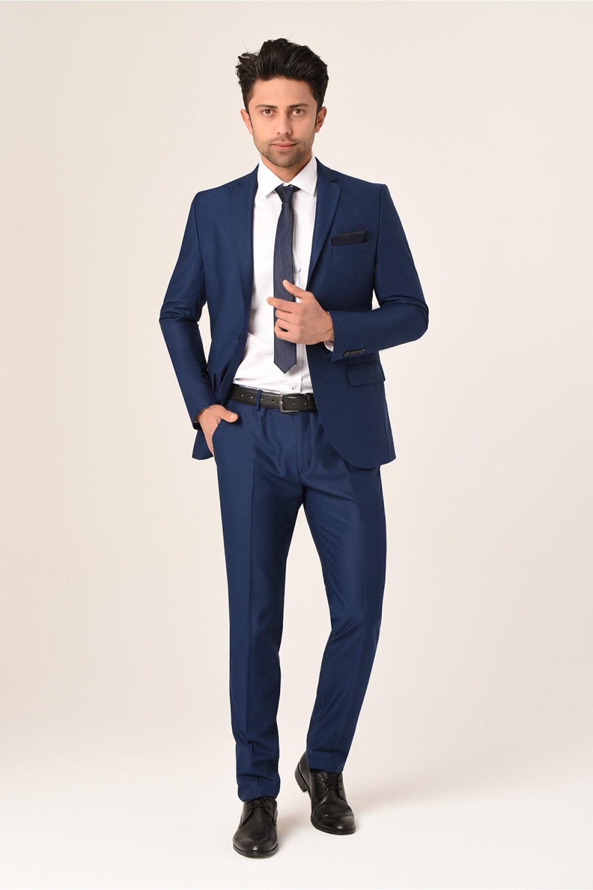 bysaygın Slim Fit Düz Koyu Mavi Takım Elbise
