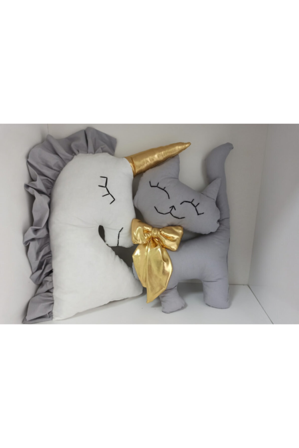 Ege HOME Decoration&Accessories Gold Gri Kedi Unicorn  Dekoratif Yastık  2li