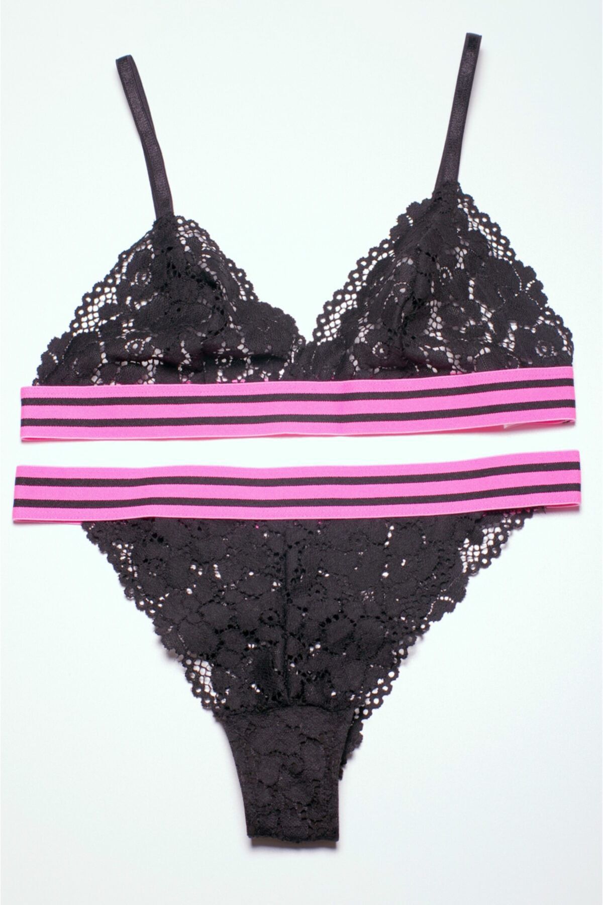 DEEP SECRET Siyah Pembe Çizgili Lastikli Full Dantel Bralet Takım Ds20095brt