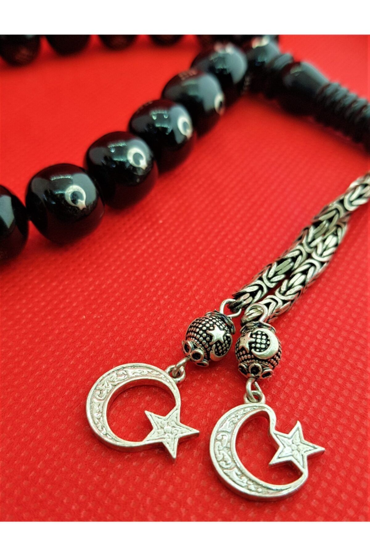 Koza 925 Ayar Gümüş Püsküllü Her Habbesi Gümüş Ay Yıldız İşlemeli Oltu Tesbih