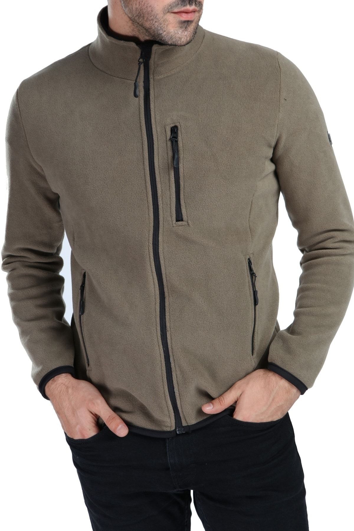 GHASSY CO. Erkek Tam Fermuarlı 3 Cepli Açık Haki Outdoor Polar Ceket