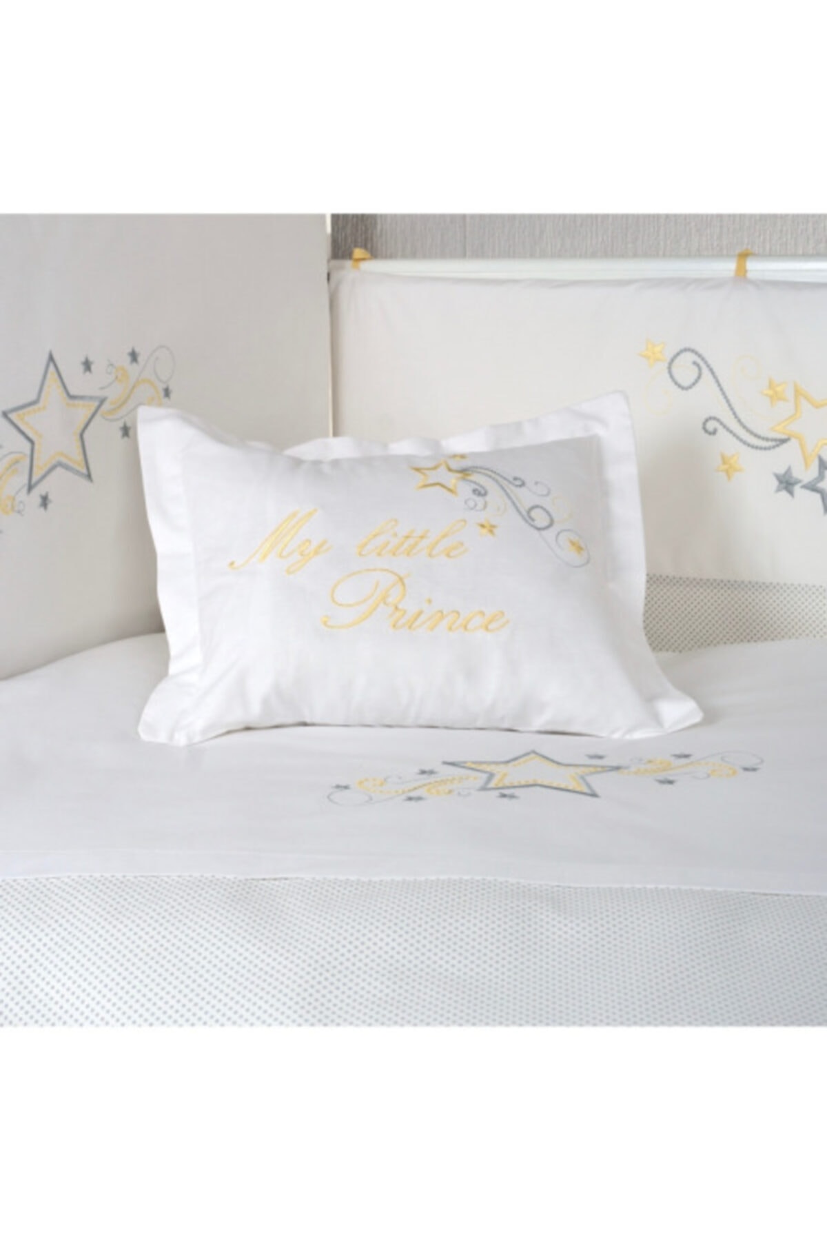 Pudradecor Beyaz Sarı Gri Puantiyeli My Little Prince Bebek Uyku Seti 80x140 cm